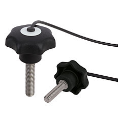 Kipp M6x50 Thread, 25 mm Diameter, Star Grip Knob with Safety Lanyard, Plastic with Steel External Thread, Style LS - Black (Qty. 1), K0155.706X50