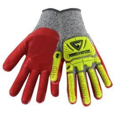 R2 FLX Super Rugged 13 gauge HPPE Shell w/Red foam nitride coated palm, and TPR Impact protection on the back of the hand and fingers: ANSI A2 Cut Level, EN388 = 4343; ASTM D2632: Exceeds mining stand 713SNTPRG/M