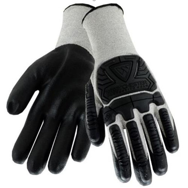 Back of Hand (BOH) Impact: 15 gauge Gray speckled HPPE shell with MICROFOAM NITRILE coating, and low profile TPR impact protection on the back of hand and fingers. ANSI A2 Cut 715HNFB/2XL