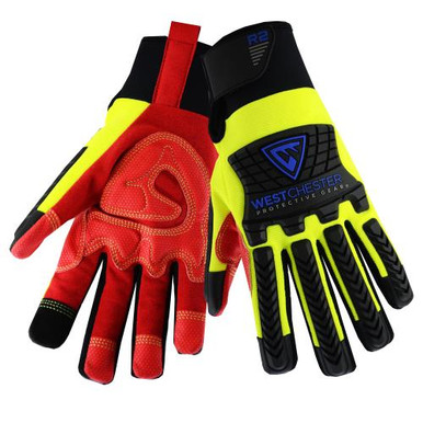 Summer R2 - 4 way stretch yellow spandex, red reinforced synthetic leather palm, touch screen on index finger, TPR BOH protection, PU reinforced thumb saddle, Velcro wrist closure. Must order bundles87810/XL