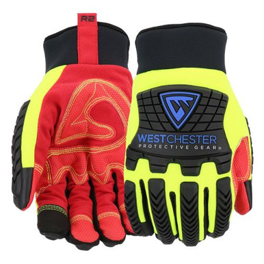 Winter Fleece R2 - 4 way stretch yellow spandex, red reinforced synthetic leather palm, touch screen on index finger, TPR BOH protection, PU reinforced thumb saddle, Velcro wrist closure.Must order87811/L