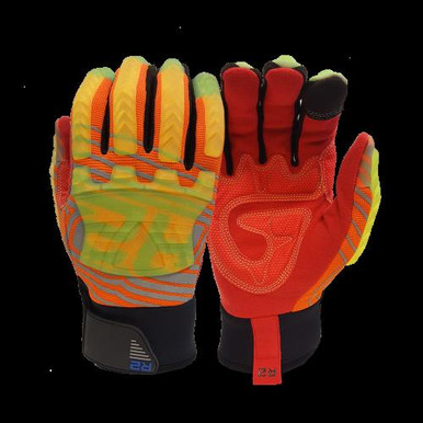 R2 Safety Rigger Glove with HI Vis Orange Spandex, Padded Palm, Translucent Green 4mm TPR on Back of hand and Red palm. ANSI A4 Cut Level palm side 87840/L