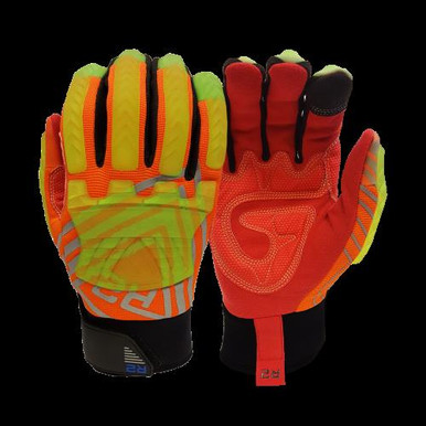 R2 Safety Rigger Glove with HI Vis Orange Spandex, Padded Palm, Translucent Green 4mm TPR on Back of hand and Red palm. ANSI A6 Cut Level palm side 87850/M