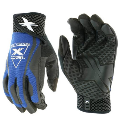 Extreme Work Grip - Blue ribbed spandex with honeycomb x-flex cuff, hook and loop and silicone grip palm.Flexible fit fingers, touch compatible and reinforced fingertips, thumb and thumb saddle. 89302GY/M