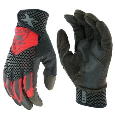 Extreme Work Knuckle KnoX - Red ribbed spandex with honeycomb x-flex cuff, hook and loop, ToughX suede, Palm patch, reinforced fingers, thumb and thumb saddle, touch compatible and honeycomb BOH prote 89303/XL
