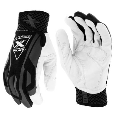 Extreme Work Indestrux - Sheepskin leather palm, S-patch palm, reinforced fingers, thumb and thumb saddle, black ribbed spandex back of hand, honeycomb x-flex cuff with hook and loop closure.89304/L