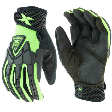 Extreme Work Strike ProteX- Lime green ribbed spandex with honeycomb hook and loop X-flex cuff, ToughX suede, Palm patch, reinforced fingers, thumb and thumb saddle, touch compatible and TPR protect 89306/M
