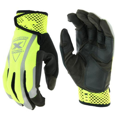 Extreme Work VizX Safety - Hi Visibility Green ribbed spandex with honeycomb x-flex cuff, hook and loop, ToughX Suede, Palm patch, reinforced fingertips, thumb and thumb saddle, touch compatible and r 89308/M