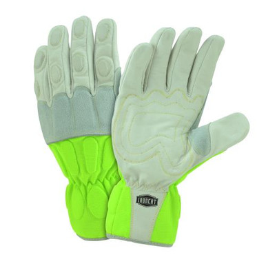 This glove is made of grain water buffalo, and provides excellent back of hand, and pinch point protection. There is also padding provided to the wrist. The fabric on the glove is hi-vis green spandex 9074/XL