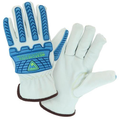 Standard grade sheep leather keystone thumb driver, with ANSI A4 cut and sew lining withblue TPR's back of hand protection 9120/S