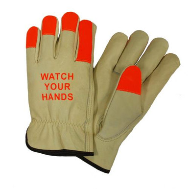 Select grain pig leather driver glove. 120g Positherm lining.Extra protection by keeping safety in mind with Hi-Vis orange at the fingertips and a Hi- Vis reminder to "WATCH YOUR HANDS".Keystone t 994KOTP/M