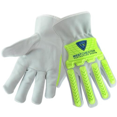 Cow leather driver with spilt cow back of hand, and hi-vis green 7mm TPR and Keystone thumb 997KB/2XL