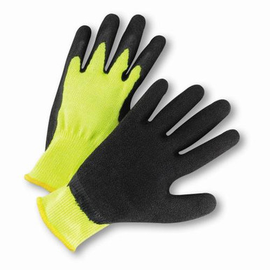 Fluorescent Lime Green 10 gauge String Knit with Black latex palm coating. EN 2245 HVG700SLC/XL