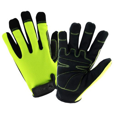 Job 1 - Velcro Wrist OPP Hi Dexterity Glove, Synthetic Leather, lycra Fourchettes, Hi-Viz Green Spandex back, Reinforced fingertips, sure grip reinforcement in thumb saddle, padded palm, woven logo to HVG86150/2XL