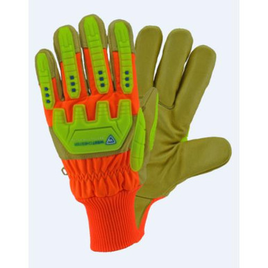 Premium grain pigskin leather palm with 3/4" reflective stripe on 1 1/2" hi-vis green knuckle strap, knit wrist,with TPR back of hand protection and finger protection and a waterproof bag sewn intoHVO2555/2XL