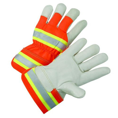 Hi-Vis Orange Polyester Back, grain cowhide palm, safety cuff/w Reflective Tape HVO5000/M
