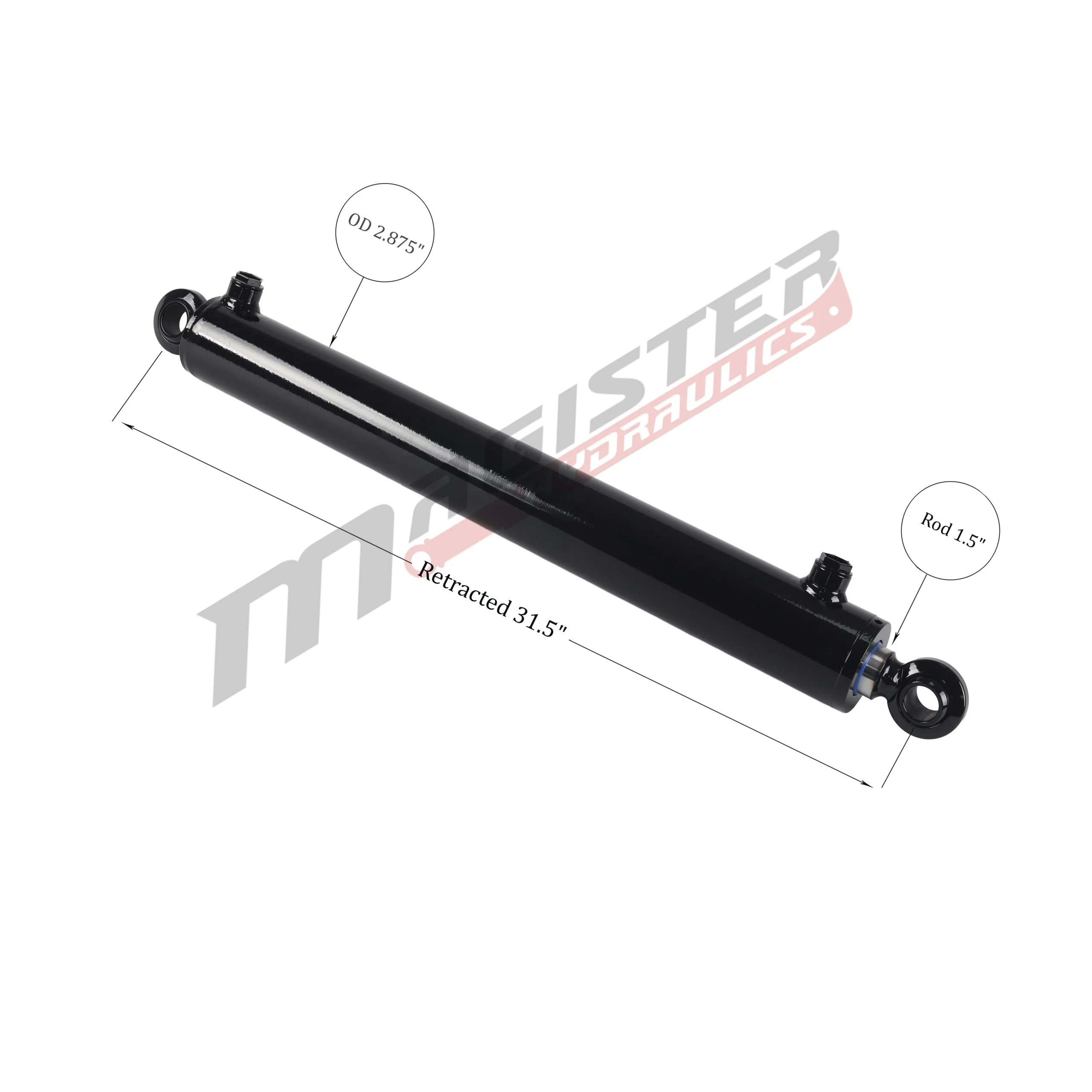 2.5" bore x 24" stroke swivel ball hydraulic cylinder