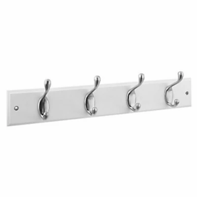 Hook Rail, 4 Satin Nickel Hooks, White Rail, 18 In.