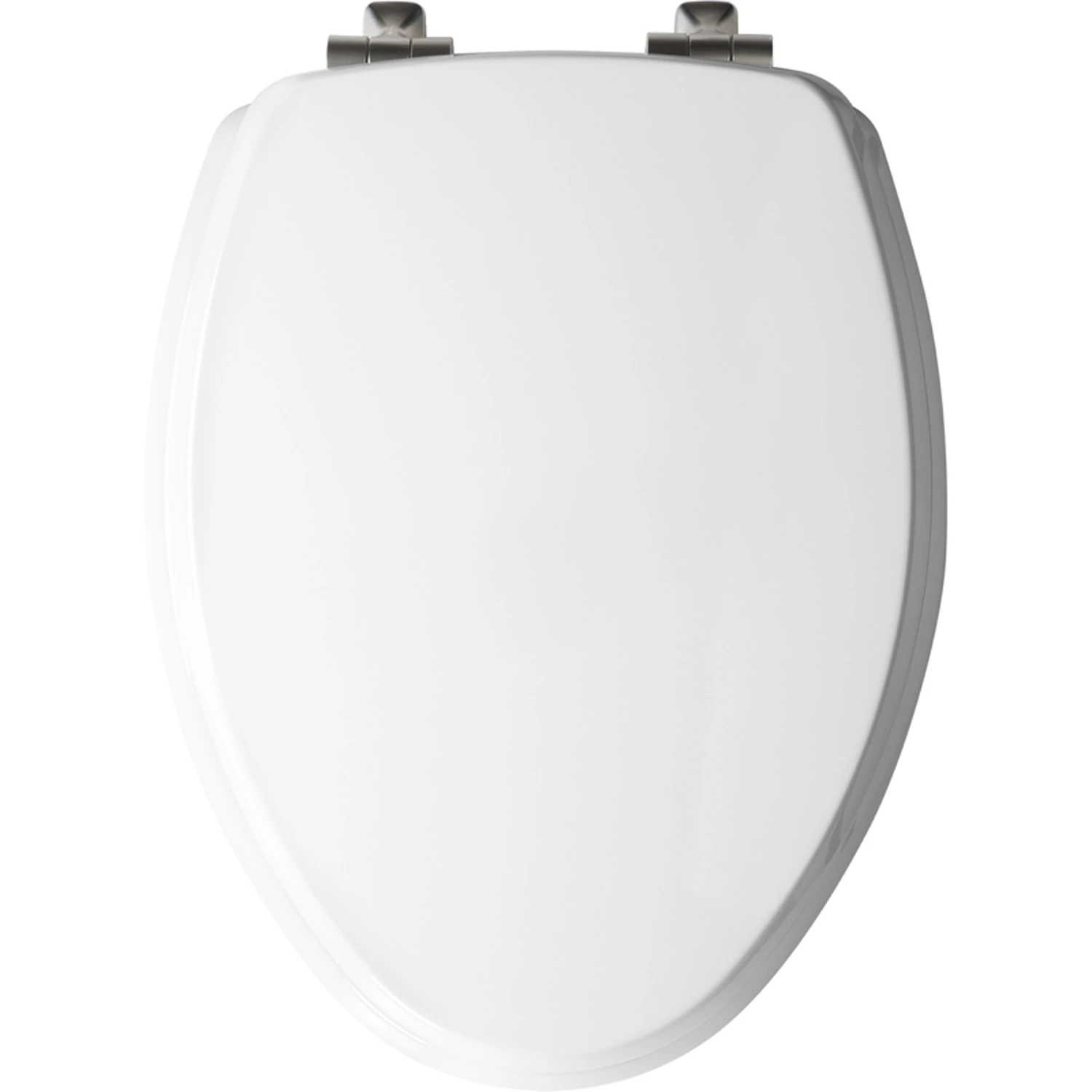 Benton Elongated Wood Toilet Seat, White Enamel, Never Loosens, Slow-Close Brushed Nickel Hinge