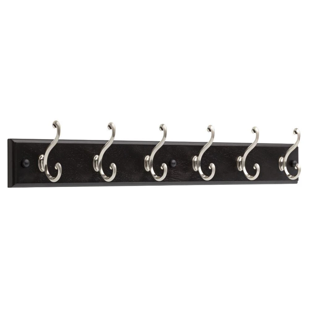 Hook Rail, 6 Satin Nickel Hooks, Black Rail, 27 x 0.6 x 2.75 In.