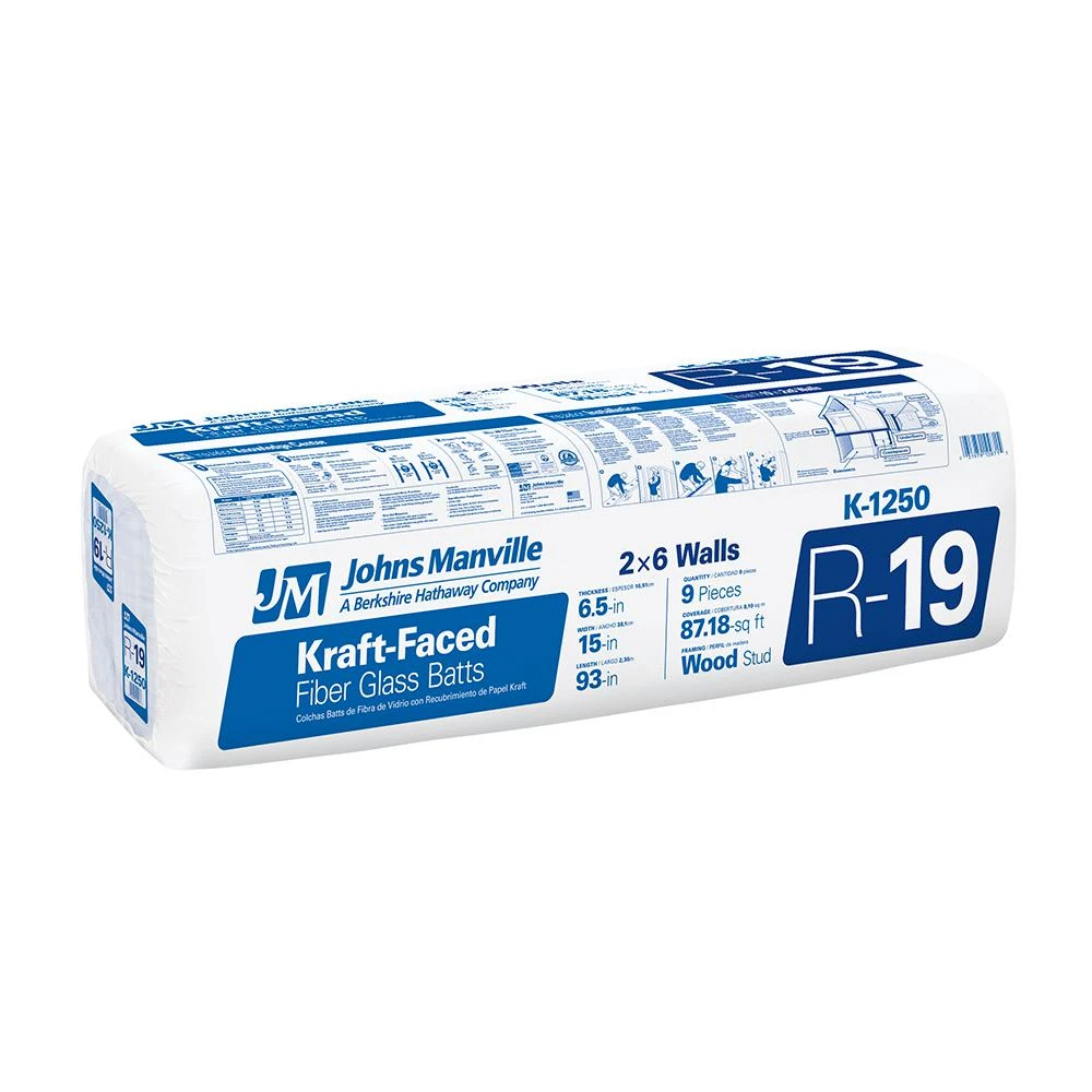 R19 Kraft Batt Fiberglass Insulation, 87.18 Sq. Ft. Coverage, 6.5 x 15 x 93-In.