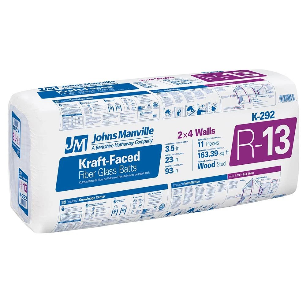 R13 Kraft Faced Batt Insulation, 163-Sq. Ft. Coverage, 23 x 93-In.