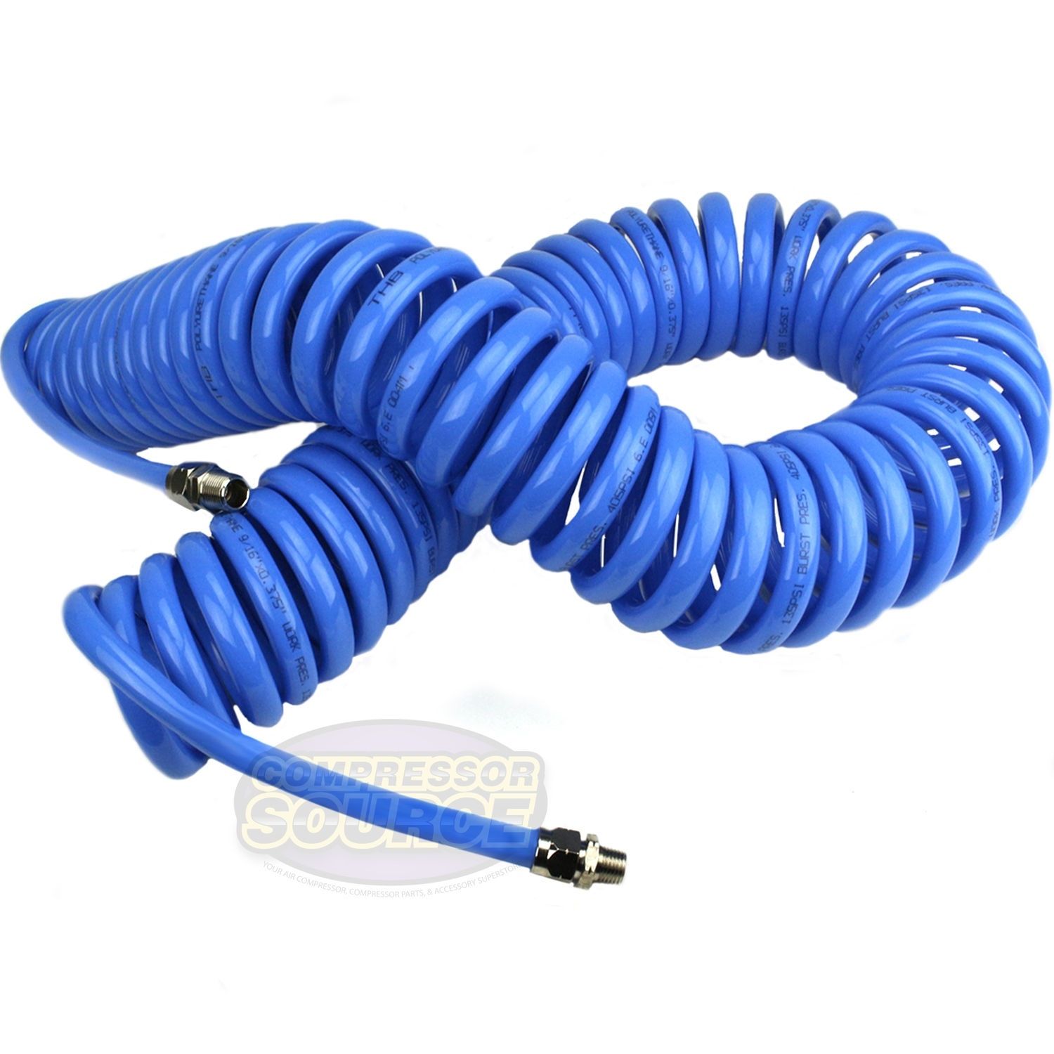 Premium 3/8" x 50' Air Compressor Coil Hose Coiled Polyurethane With Swivel Ends Blue