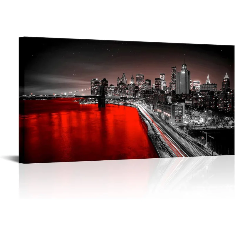 Brooklyn Bridge Night View Canvas Wall Art Framed 24×48 Modern Home Decor Red