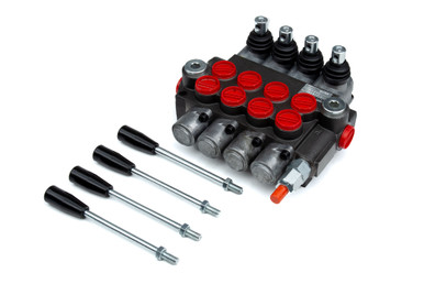 Directional Control Valve, 10 GPM, 4 Way 3 Pos, 4 Spool, Tandem Center with 180 degree rotated handles.