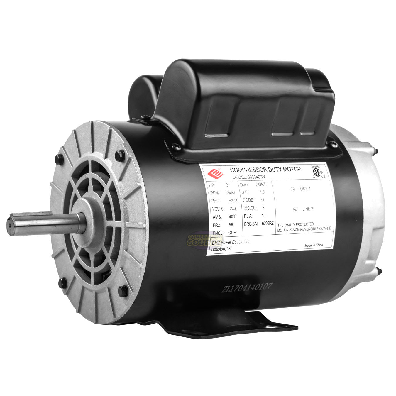 3 HP 1 Phase Electric Motor 3450 RPM 56 Frame 230V ODP EMZ 56S34D3M