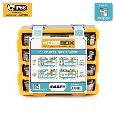 Hose Box, BSPP Fittings Tower, 86 Adapters, 60 BSPP Seals, Model #HBT2023-006