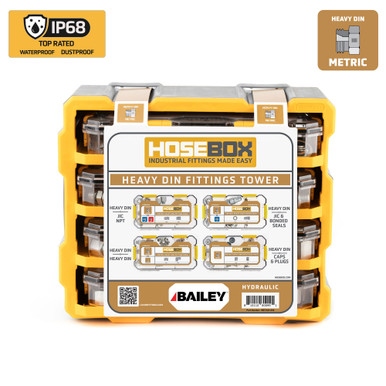 Hose Box, Heavy DIN Fittings Tower, 88 Adapters, 60 DIN (Metric) Seals, Model #HBT2025-006