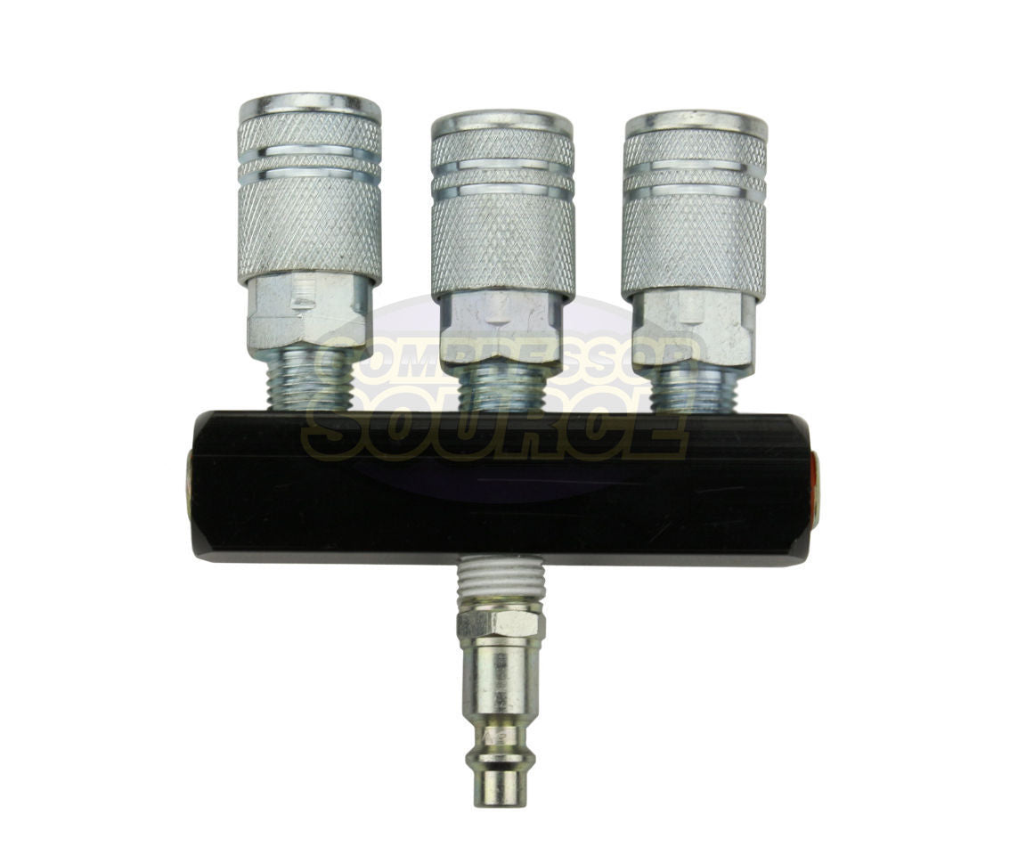 3 Way Air Hose Splitter Manifold Steel 6 Ball Bearing Couplers Kit 1/4" NPT
