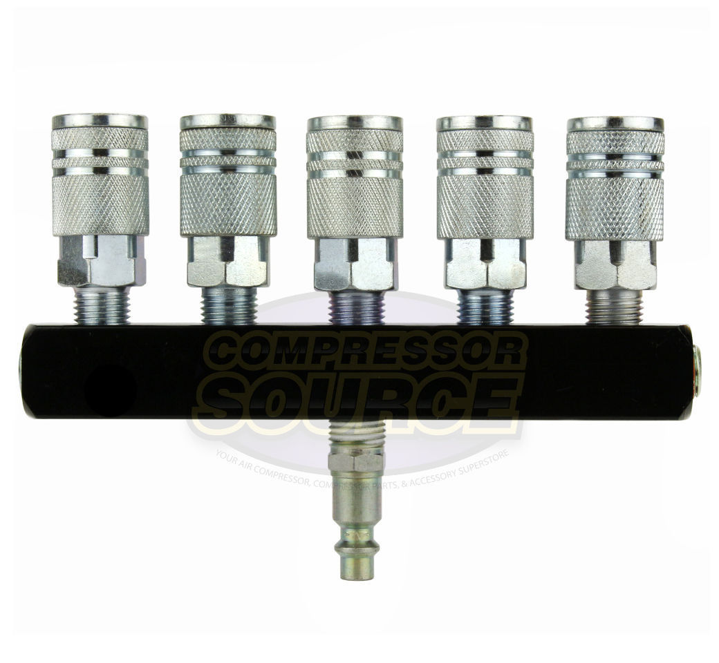 5 Way Air Hose Splitter Manifold Steel 6 Ball Bearing Couplers Kit 1/4" NPT