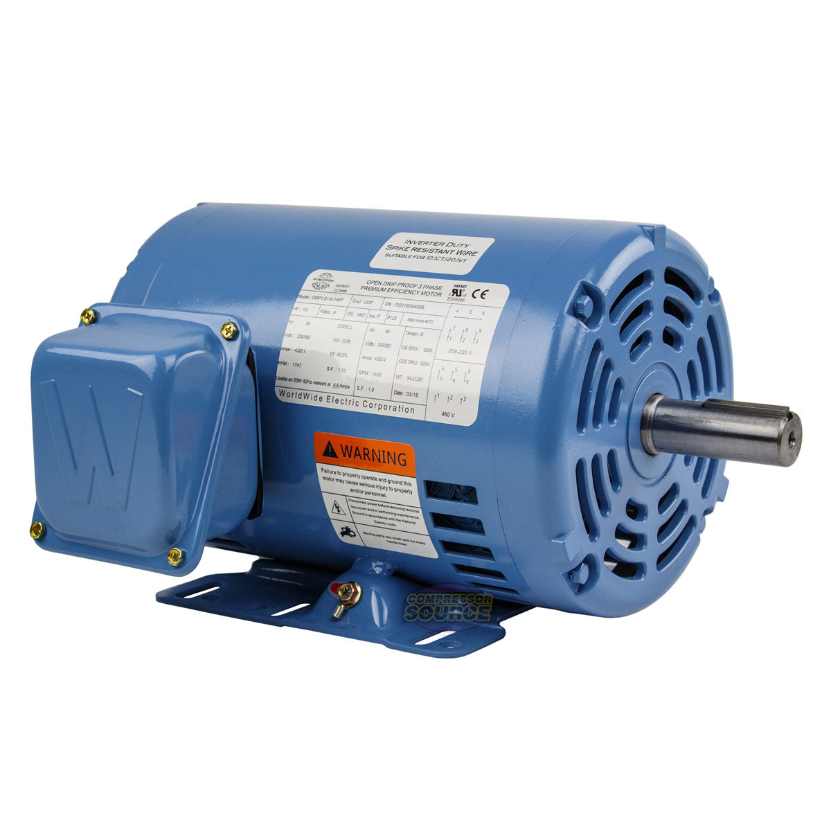 1.5 HP 3 Phase Electric Motor 1750 RPM 145T Frame 230-460V ODP ODP1.5-18-145T