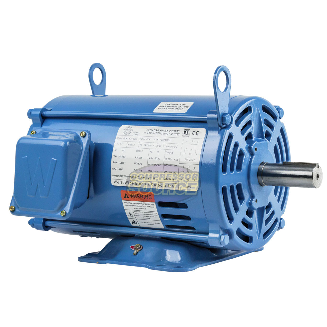 7.5 HP 3 Phase Electric Motor 3502 RPM 184T Frame 230-460V ODP ODP7.5-36-184T