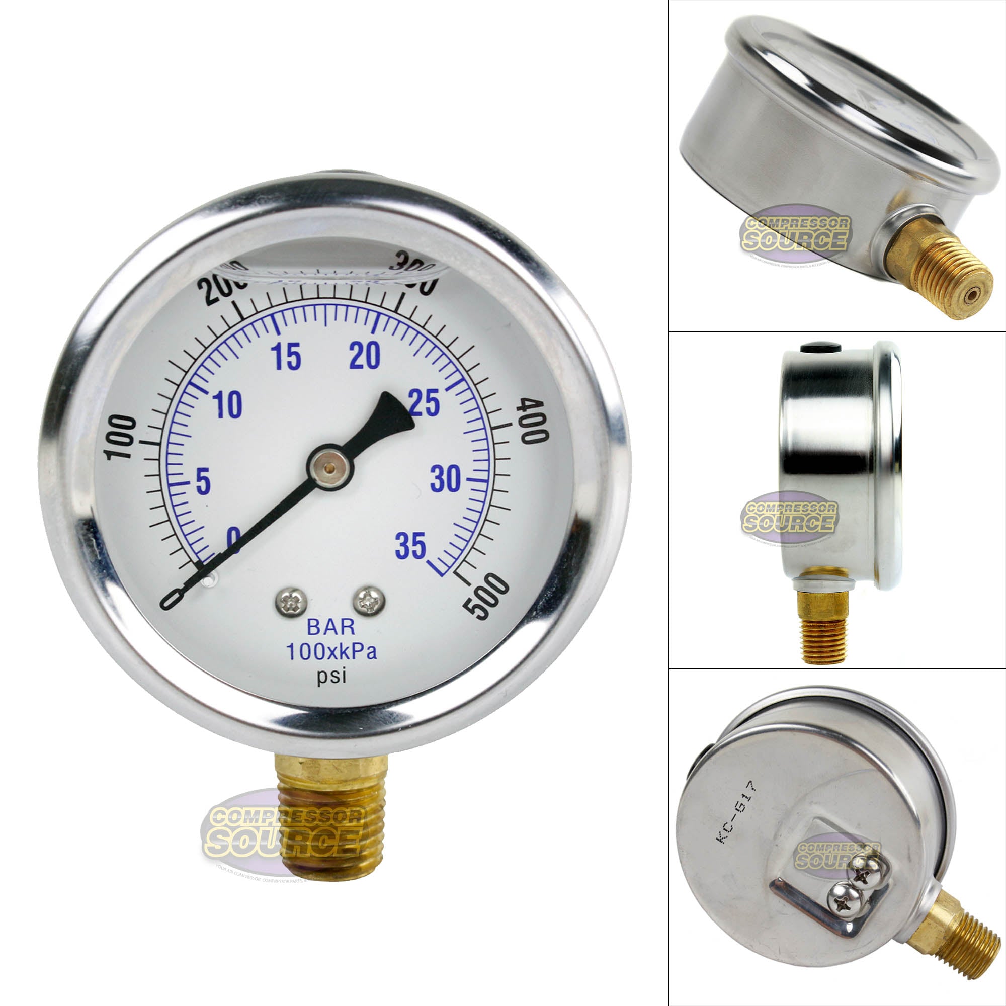 2.5" Face Liquid Filled 500 PSI Pressure Gauge Lower Side Mount PRO-201L-254J