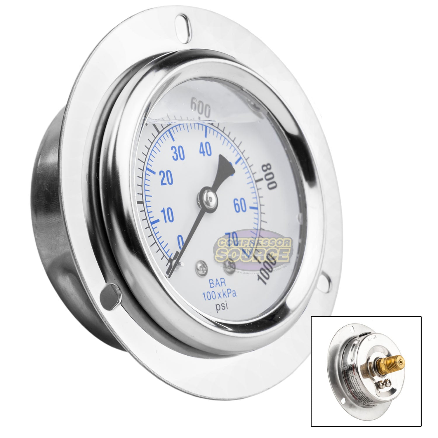 2.5" Liquid Filled Pressure Gauge 0 - 1,000 PSI 1/4" NPT Center Back Panel Flush Mount 204L-254M