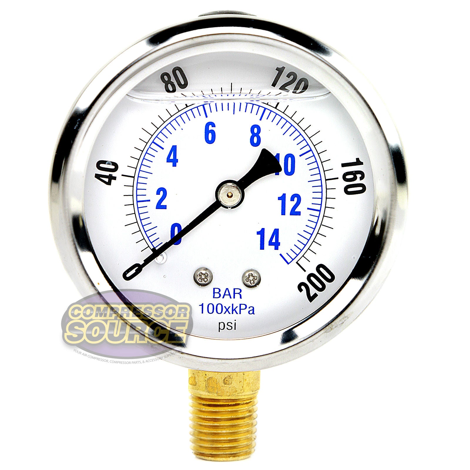 2.5" Face Liquid Filled 0 - 200 PSI Pressure Gauge Lower Side Mount