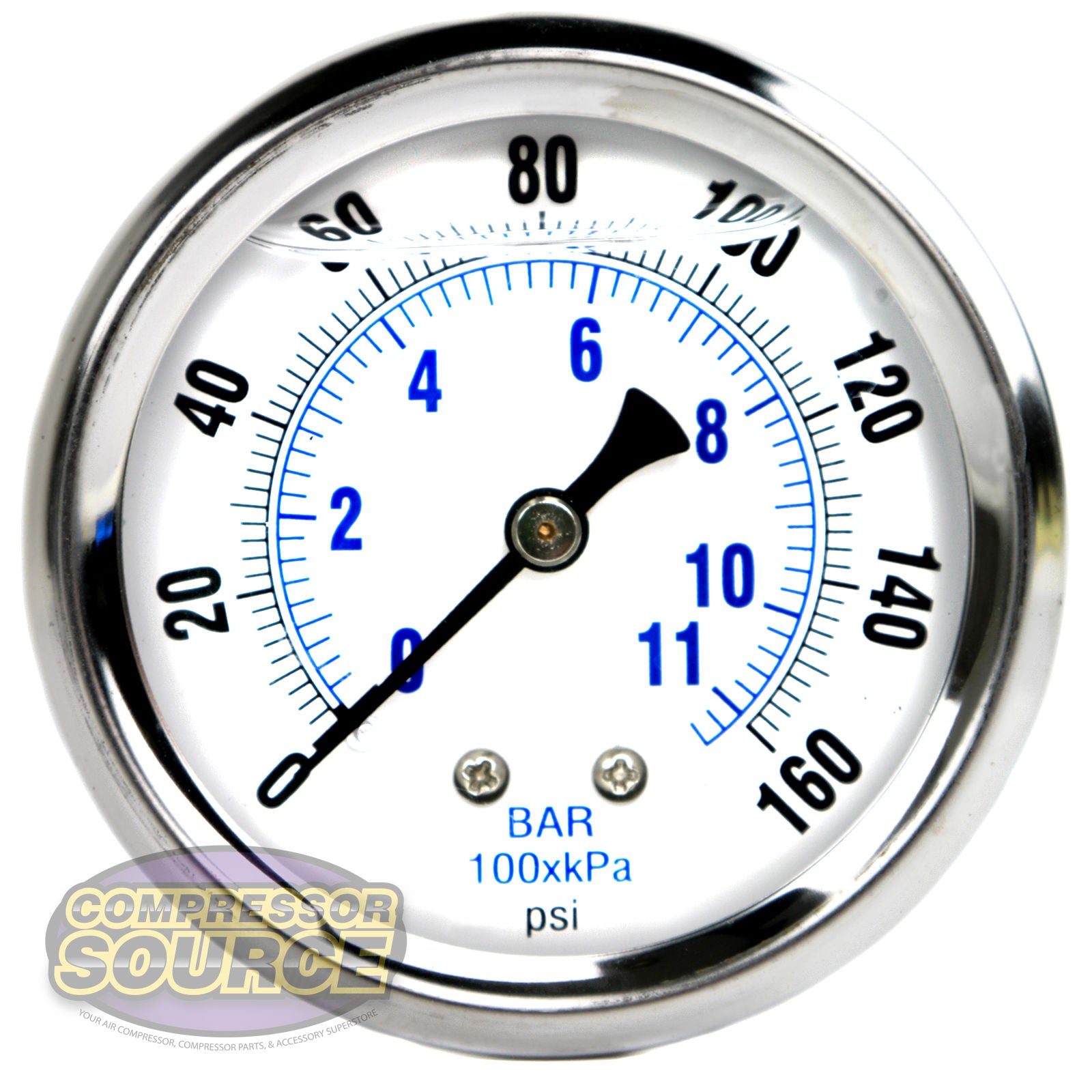 2.5" Face Liquid Filled 0 - 160 PSI Center Back Mount Pressure Gauge