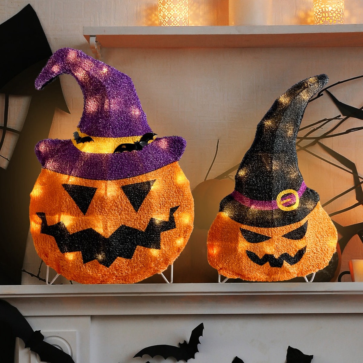 Set of 2 Lighted Jack-O-Lantern Decorations