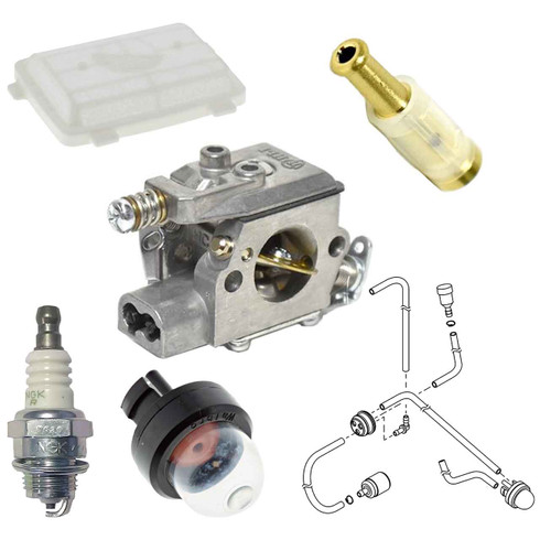 SHI 335s COMPLETE CARBURETOR AIR-OIL-FUEL FILTERS SPARK PLUG FUEL LINES PRIMER BULB KIT