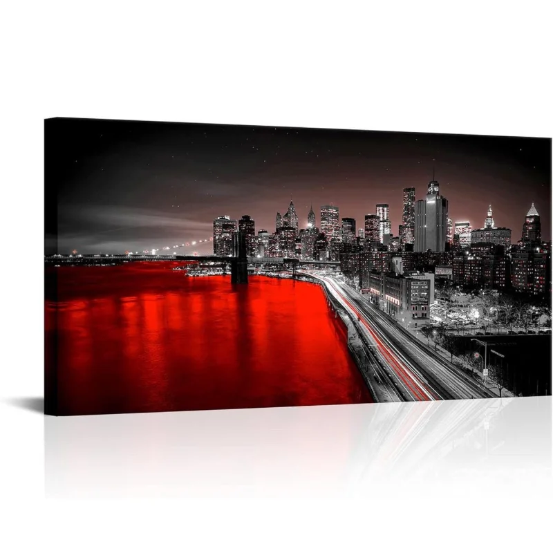 SLarge New York City Wall Art Brooklyn Bridge Night View Picture Canvas Print Black and Red City Poster Painting Modern Home 24×48