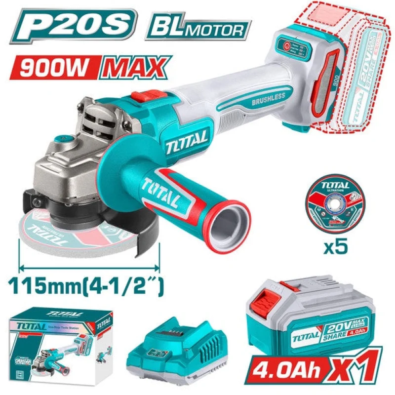Total 900W Cordless Angle Grinder w/ Battery & Charger Combo Set 4.0Ah 20V UTAGLI261521